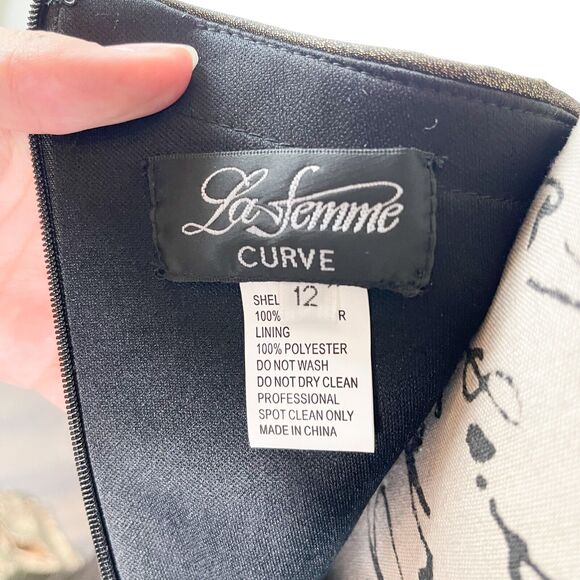 La Femme Curve NWT Metallic 28878 One Shoulder Long Sleeve Gown Black Gold 12 - Picture 5 of 7